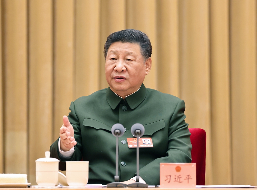 3月7日下午,中共中央总书记、国家主席、中央军委主席习近平出席十四届全国人大三次会议解放军和武警部队代表团全体会议并发表重要讲话。
